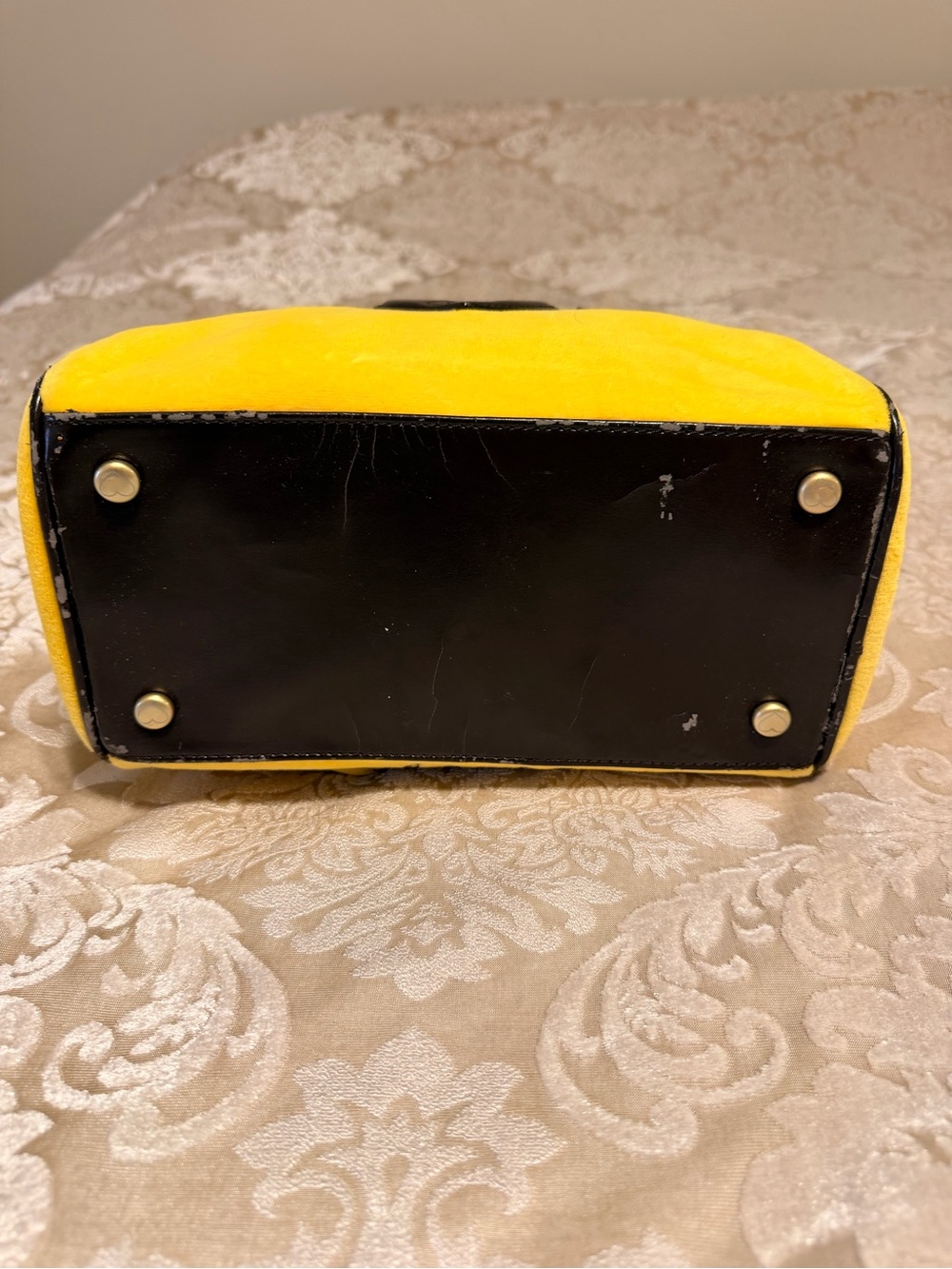Juicy Couture Yellow Velvet Dome Satchel with Dark Brown Trim and Heart Charm - Picture 3 of 10